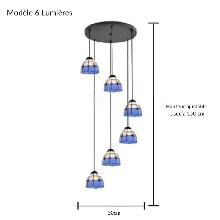 Modèle 6 lumières de suspension en cascade en vitrail bleu style Tiffany, réglable jusqu’à 150 cm