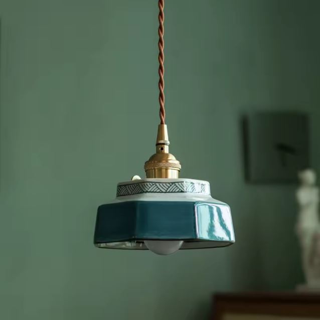 Suspension en Céramique Bleu Pétrole avec Frise Décorative