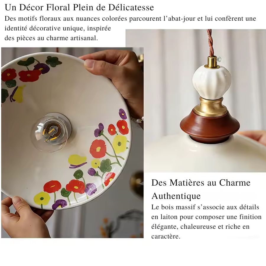 Détails d’une suspension fleurie en céramique avec bois massif et laiton, au charme artisanal et vintage