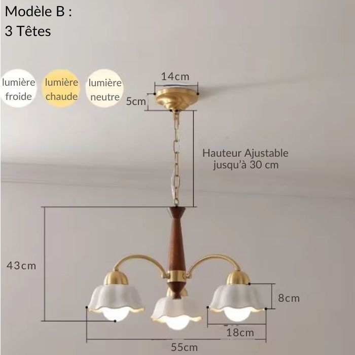 Suspension céramique vintage modèle à trois têtes avec hauteur ajustable et options de lumière froide, neutre ou chaude.