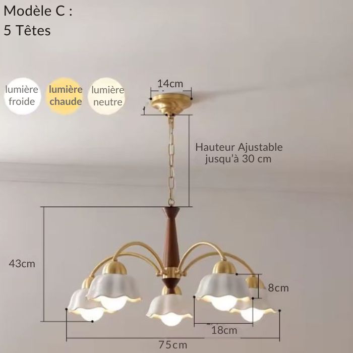 Suspension céramique vintage modèle à cinq têtes, avec hauteur ajustable et choix de lumière froide, neutre ou chaude.