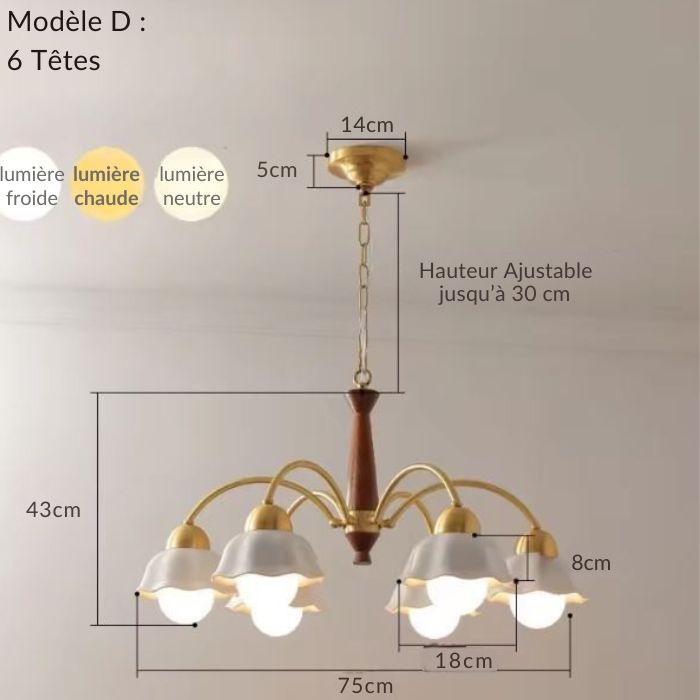 Suspension céramique vintage modèle à six têtes, avec hauteur ajustable et options de lumière froide, neutre ou chaude.