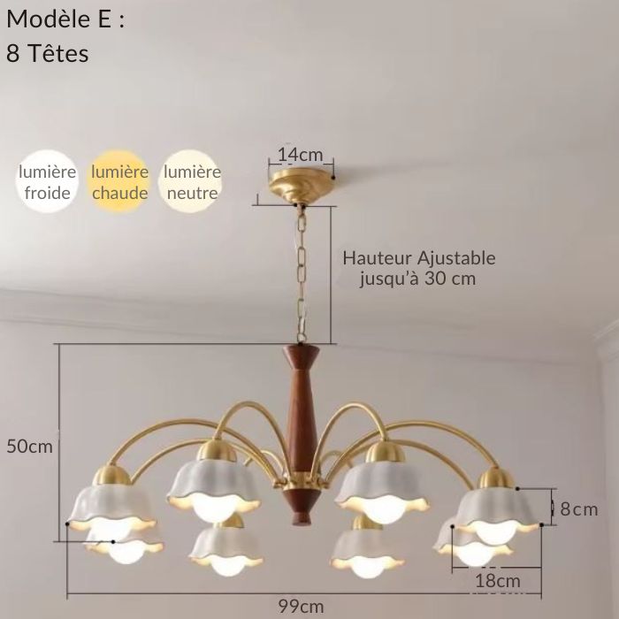 Suspension céramique vintage modèle à huit têtes, avec hauteur ajustable et options de lumière froide, neutre ou chaude.