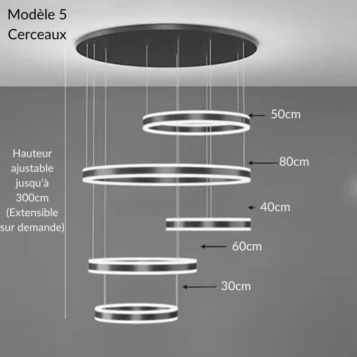 Dimensions du modèle 5 de suspension cerceau LED avec hauteur ajustable jusqu’à 300 cm.
