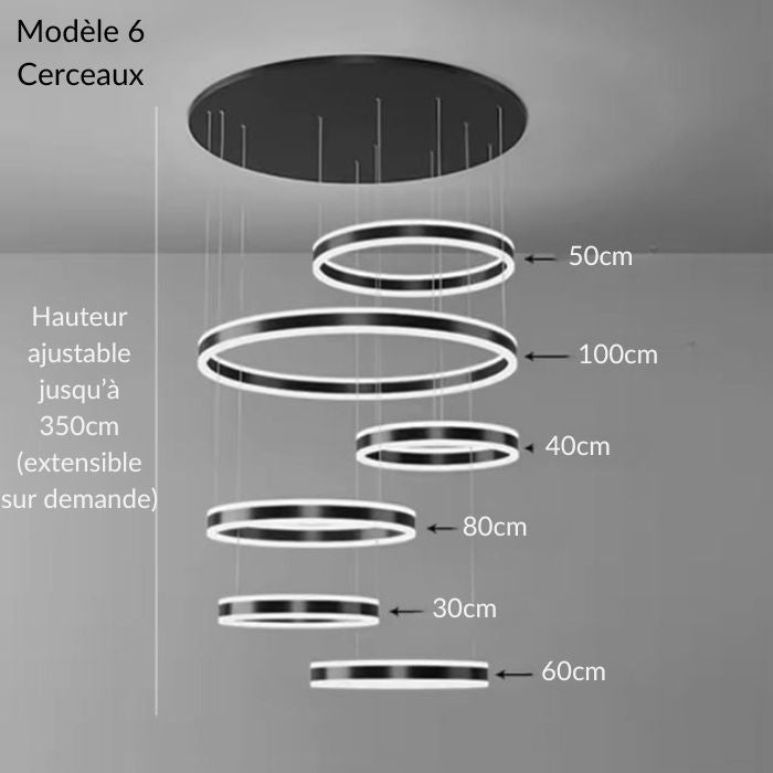Suspension cerceau LED avec 6 anneaux lumineux et hauteur réglable jusqu’à 350 cm.