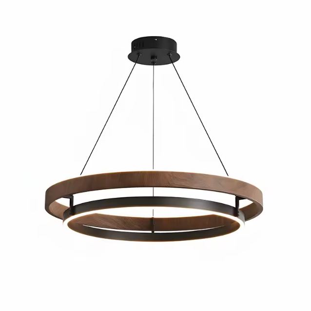 Suspension cercle bois et métal avec éclairage LED intégré, au profil élégant et épuré pour une déco moderne et chaleureuse.