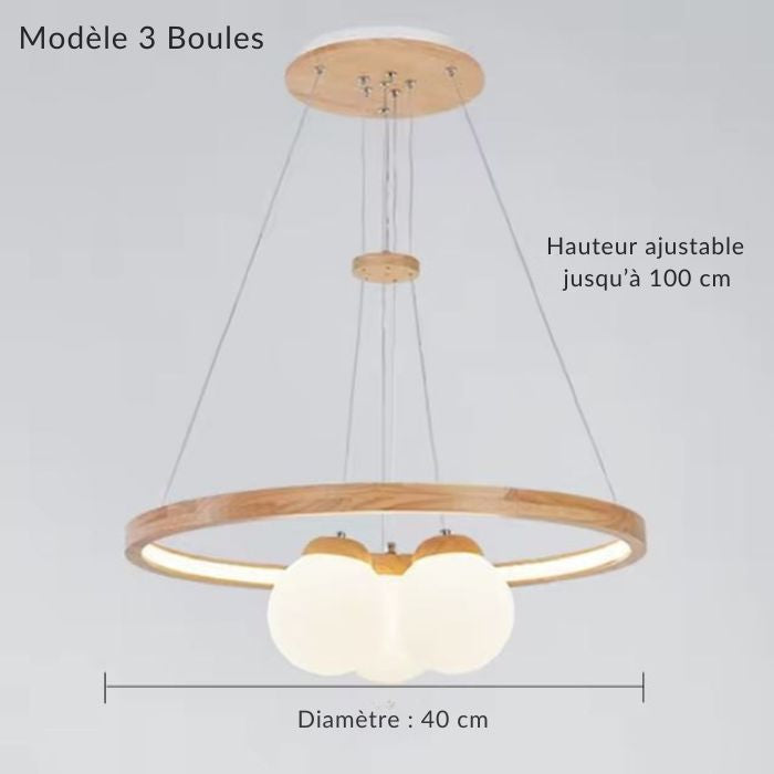 Suspension cercle en bois avec 3 globes en verre dépoli, design épuré pour petit espace, diamètre 40 cm