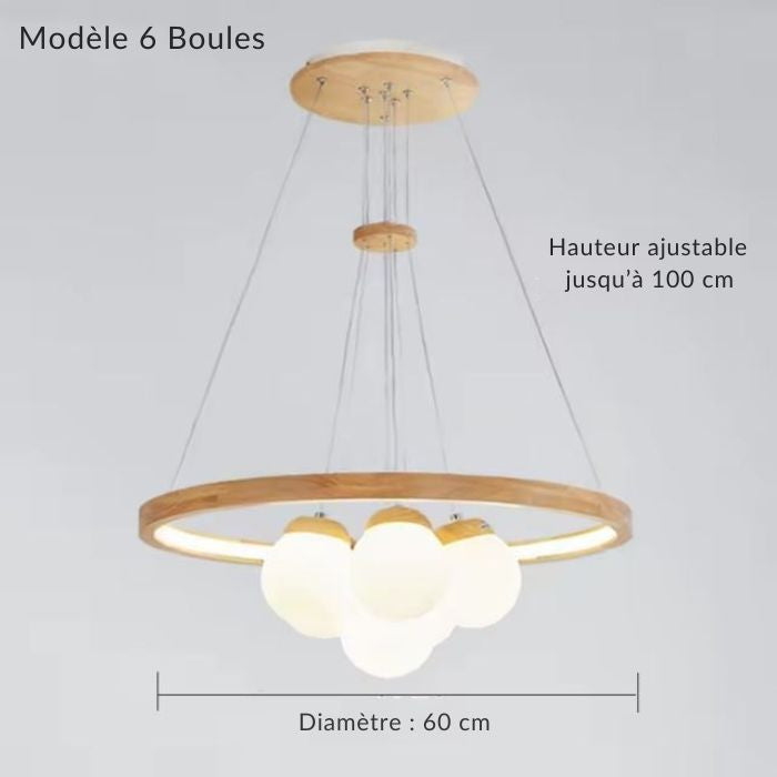 Grande suspension bois cercle avec 6 globes en verre opalin, lumière douce idéale pour table ronde, diamètre 60 cm.