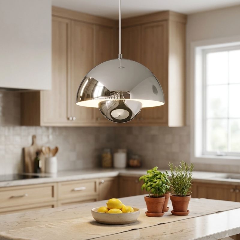 Suspension champignon chromée installée dans une cuisine lumineuse, style minimaliste et fonctionnel.