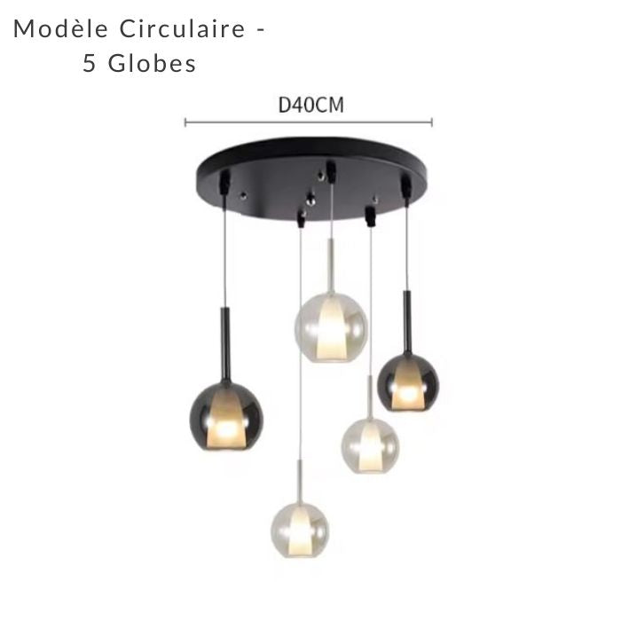 Suspension circulaire 5 globes en verre fumé, composition aérienne au style sculptural contemporain.