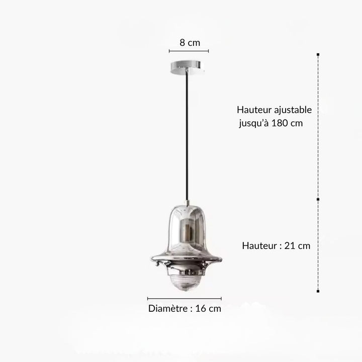 Dimensions de la suspension cloche chromée : 16 cm de diamètre, 21 cm de haut et câble réglable jusqu’à 180 cm