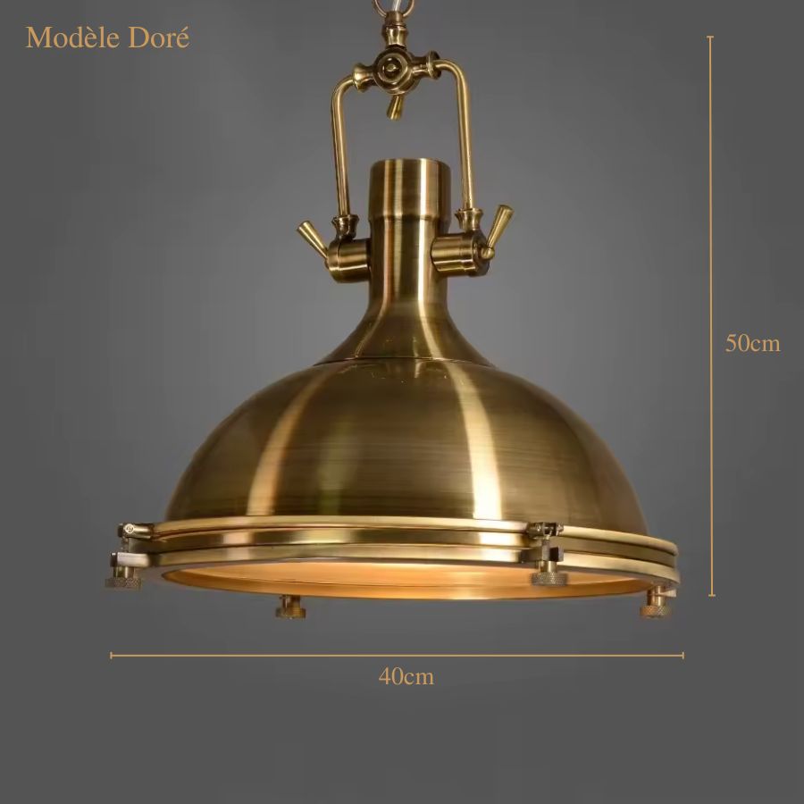 Modèle doré de suspension cloche en métal au style industriel vintage, diamètre 40 cm