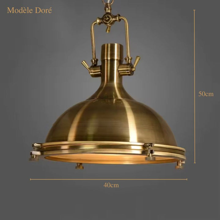 Modèle doré de suspension cloche en métal au style industriel vintage, diamètre 40 cm