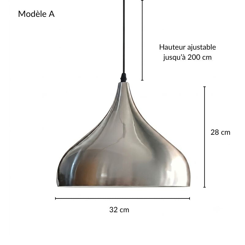 Suspension cloche large en métal brossé, forme arrondie élégante pour intérieur contemporain.