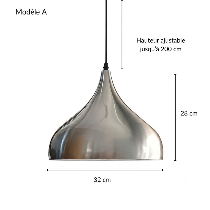 Suspension cloche large en métal brossé, forme arrondie élégante pour intérieur contemporain.