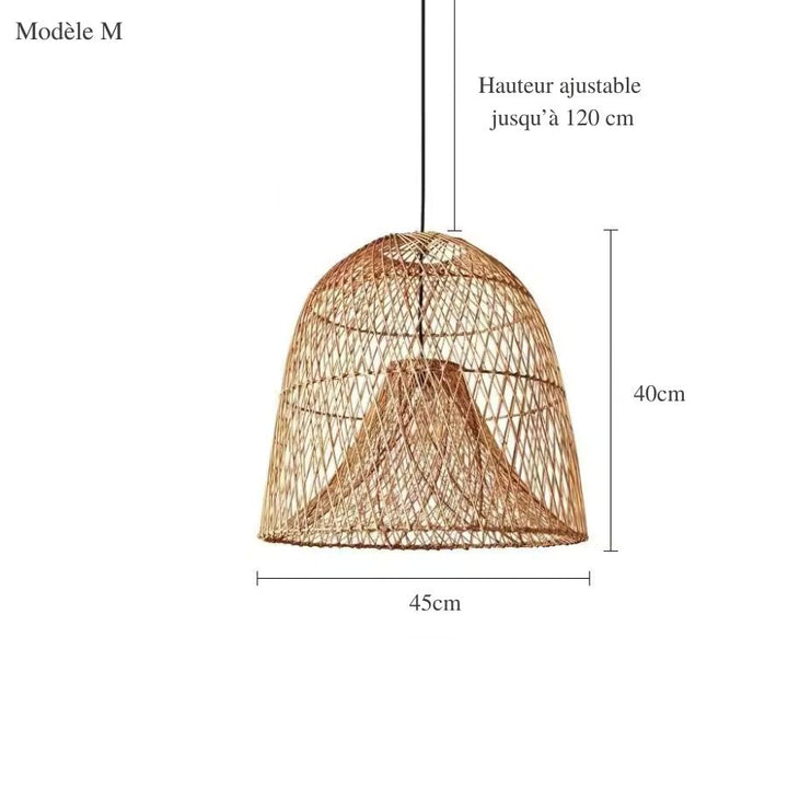 Schéma d'une suspension bohème en rotin tressé à double abat-jour, de 45 cm de diamètre et 40 cm de hauteur.