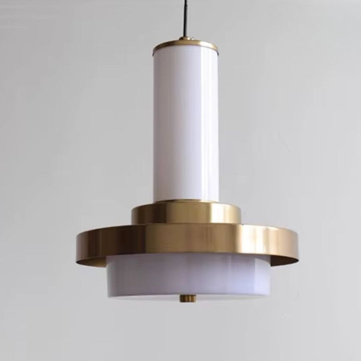 Modèle blanc et doré de la suspension colonne à disque en métal, aux lignes géométriques et au style contemporain