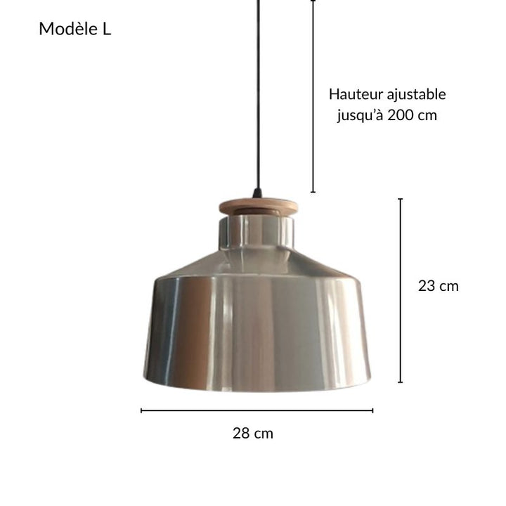 Suspension cloche compacte en métal brossé et bois, idéale pour coin repas.