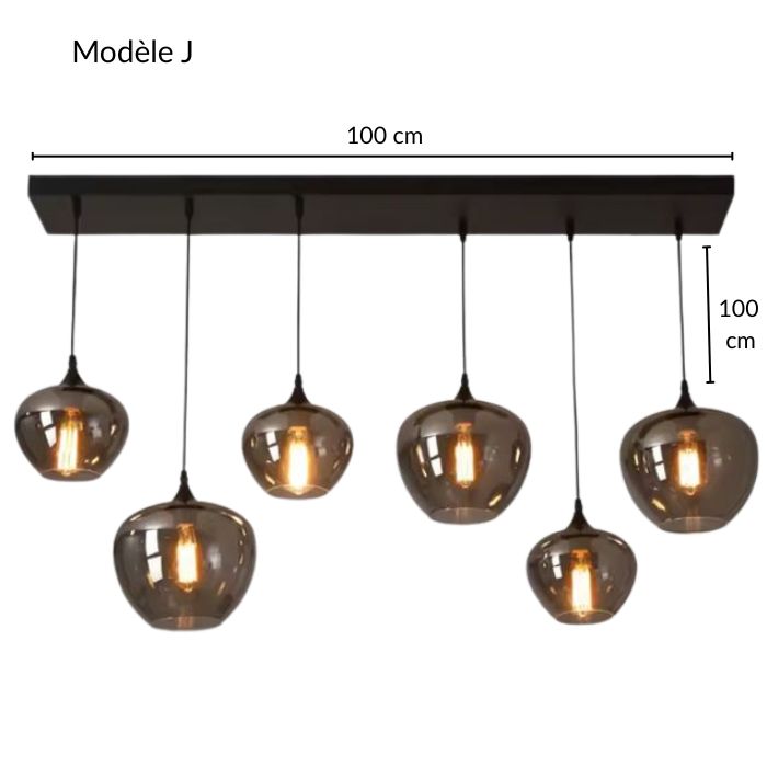 Suspension Composition de Verres Fumés Contemporaine modèle J avec six globes fumés et dimensions 100 × 100 cm