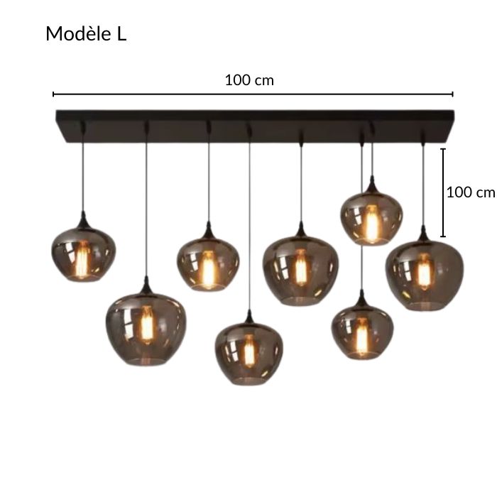 Suspension Composition de Verres Fumés Contemporaine modèle L avec huit globes en verre fumé et dimensions 100 × 100 cm