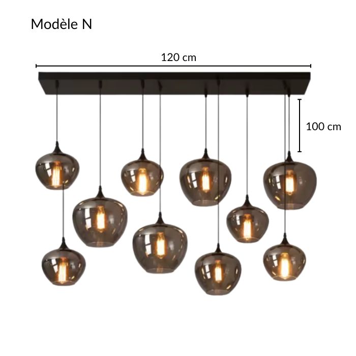 Suspension Composition de Verres Fumés Contemporaine modèle N avec dix globes en verre fumé et dimensions 120 × 100 cm