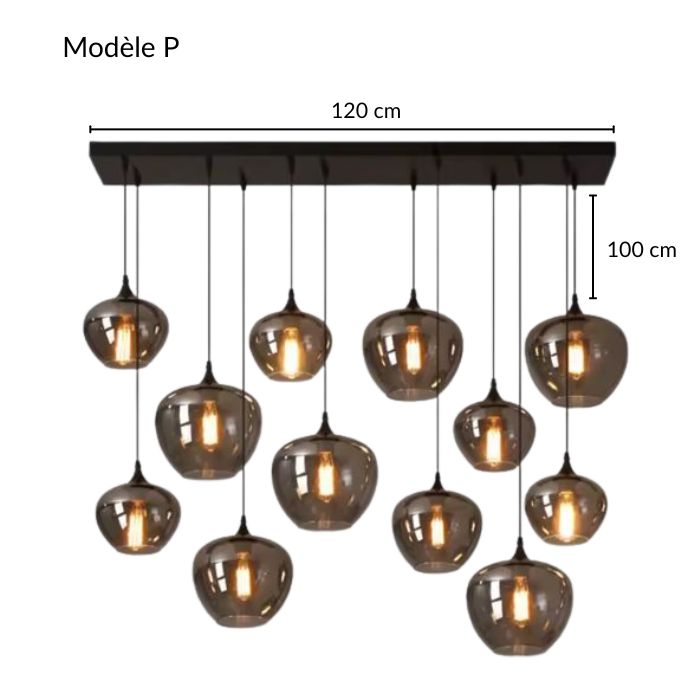 Suspension Composition de Verres Fumés Contemporaine modèle P avec douze globes en verre fumé et dimensions 120 × 100 cm