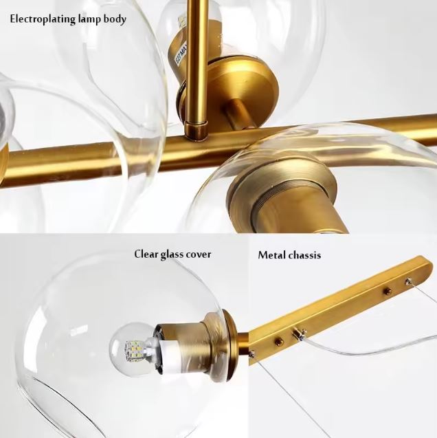 Détails de la Suspension Constellation Linéaire à Globes en Verre avec structure en métal doré et globes transparents
