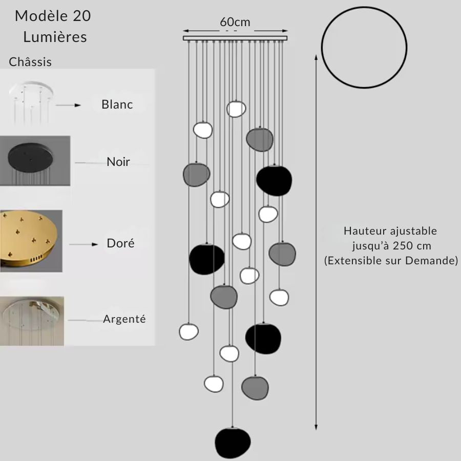 Pensée pour les hauts plafonds, cette suspension à 20 boules flottantes forme une composition contemporaine en cascade