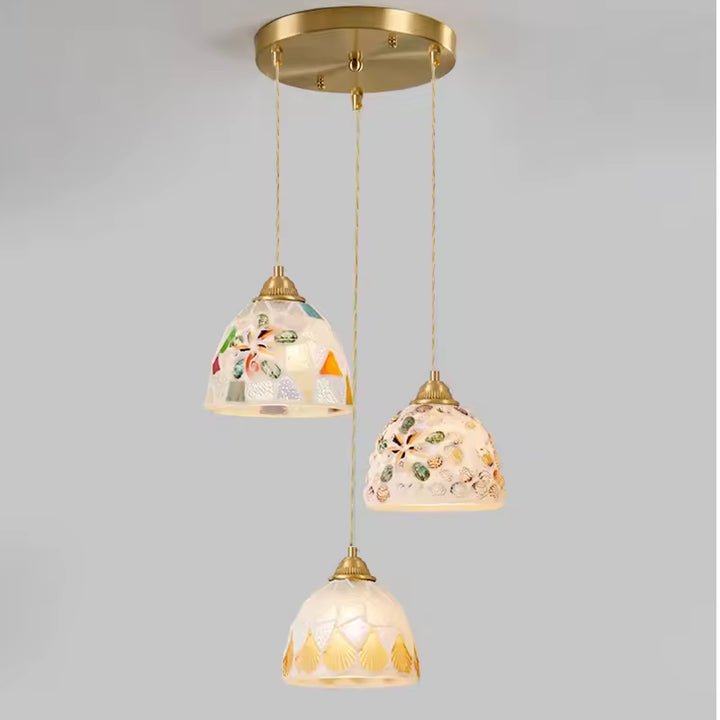 Suspension 3 lampes en cascade avec abat-jour en verre façonné, aux accents marins colorés et bohème chic