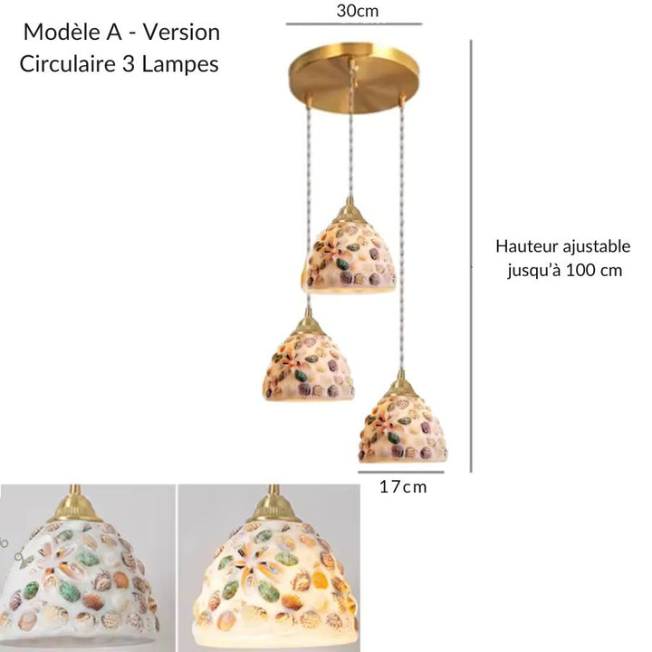 Suspension coquillage modèle A à 3 lampes en cascade, avec abat-jour en verre façonné au décor marin