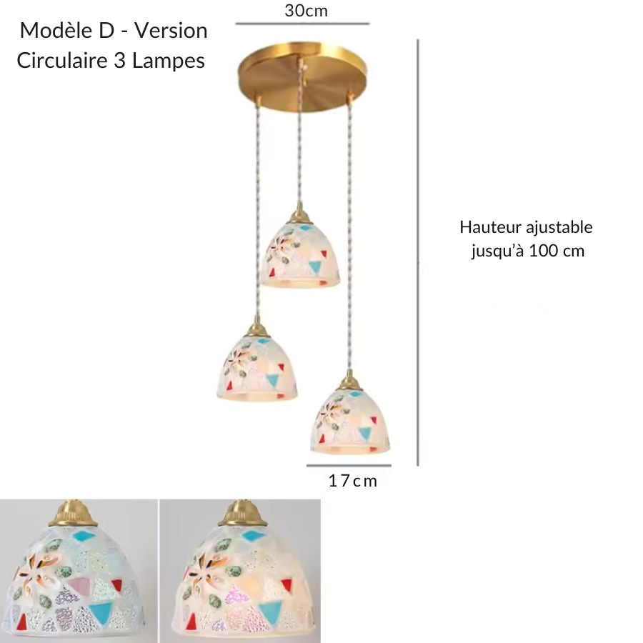 Suspension circulaire 3 lampes en verre façonné modèle D, avec décor mosaïque coloré et hauteur réglable