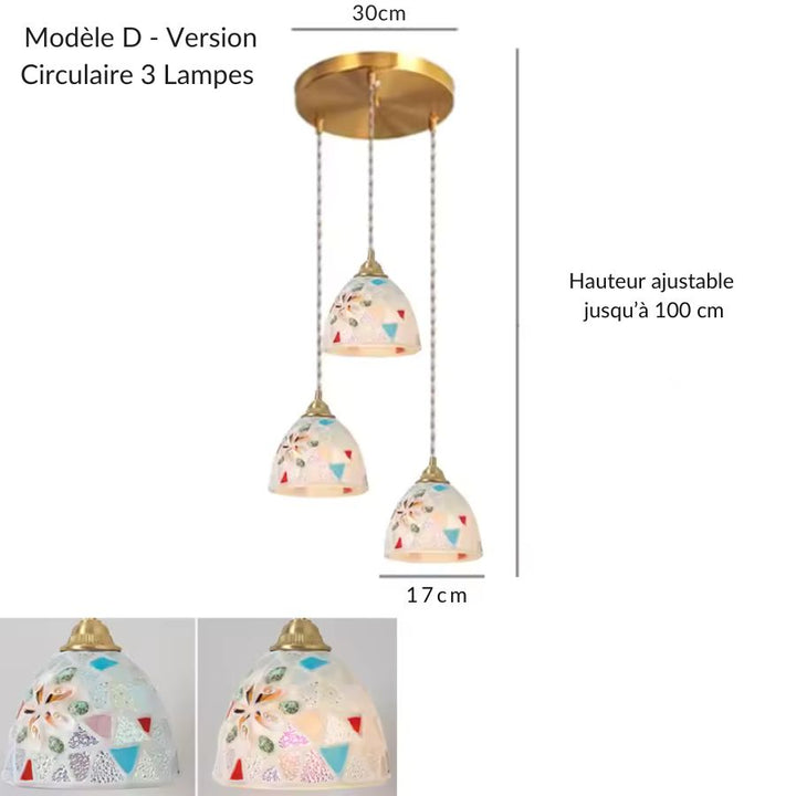 Suspension circulaire 3 lampes en verre façonné modèle D, avec décor mosaïque coloré et hauteur réglable