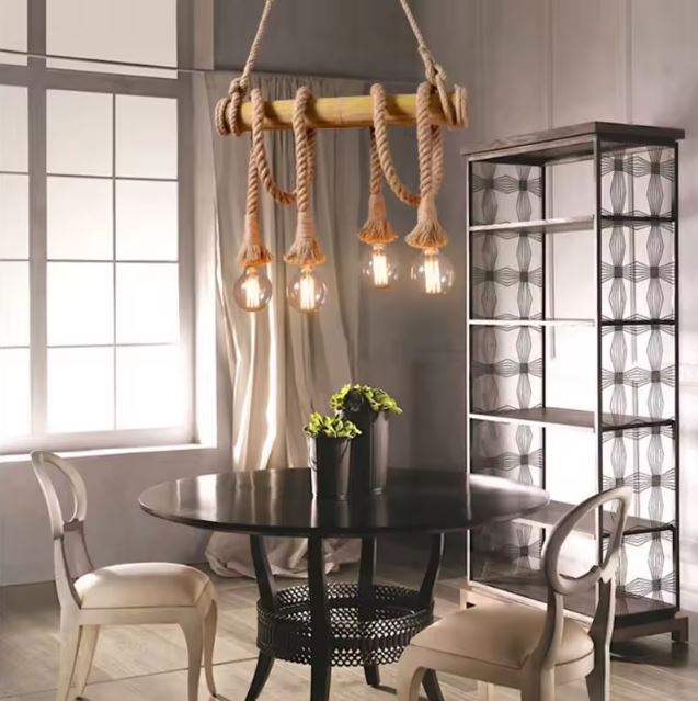 Suspension corde et bois avec ampoules LED vintage, idéale pour une salle à manger au style rustique et authentique.