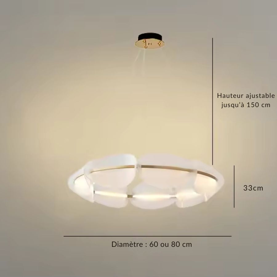 Suspension en couronne de pétales lumineux et cercle doré, disponible en 60 ou 80 cm au design organique contemporain