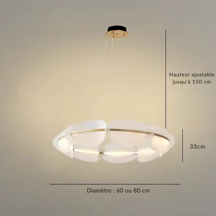 Suspension en couronne de pétales lumineux et cercle doré, disponible en 60 ou 80 cm au design organique contemporain
