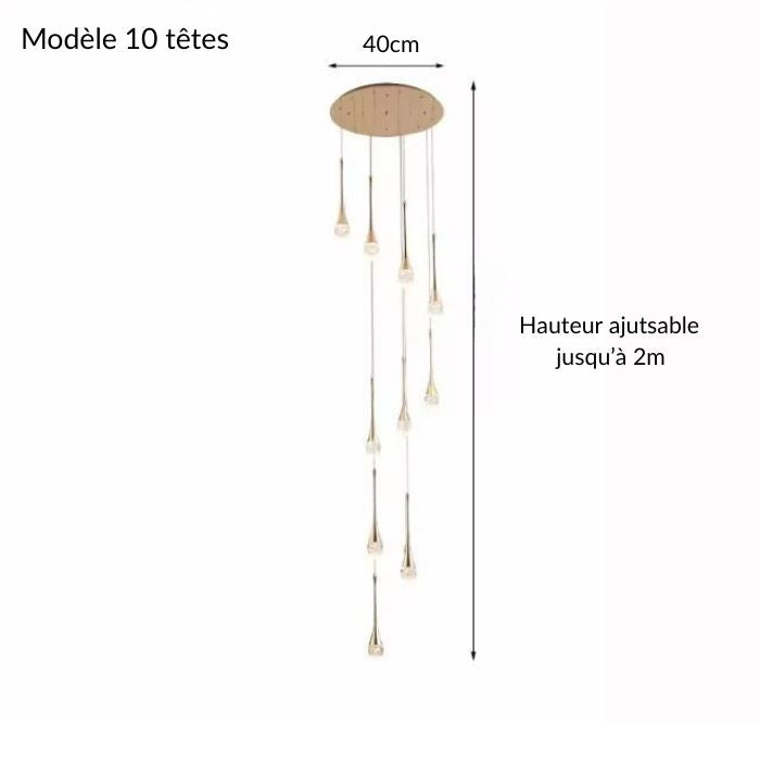 Suspension cristal doré à 10 têtes avec hauteur ajustable jusqu’à 2 mètres, parfaite pour un intérieur moderne et lumineux.
