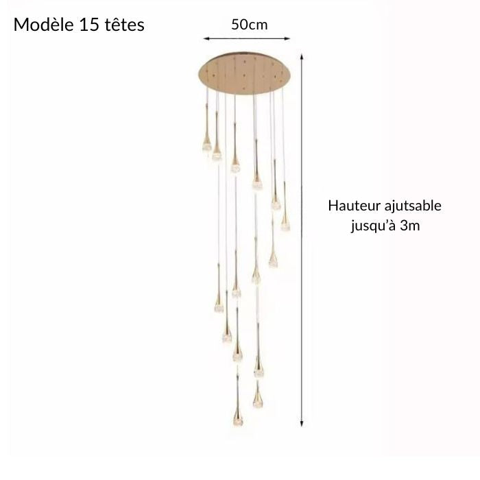 Suspension cristal doré à 15 têtes avec hauteur ajustable jusqu’à 3 mètres, idéale pour sublimer un hall d’entrée ou un séjour spacieux.