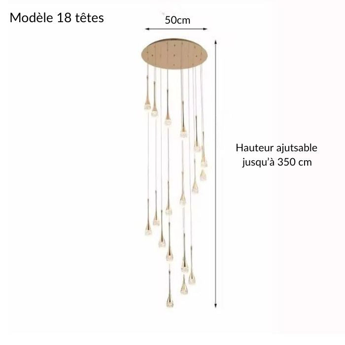 Suspension cristal doré à 18 têtes avec hauteur réglable jusqu’à 350 cm, parfaite pour sublimer un salon cathédrale ou un hall majestueux.