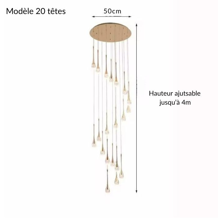 Suspension cristal doré à 20 têtes avec hauteur ajustable jusqu’à 4 mètres, idéale pour sublimer un espace haut et contemporain.