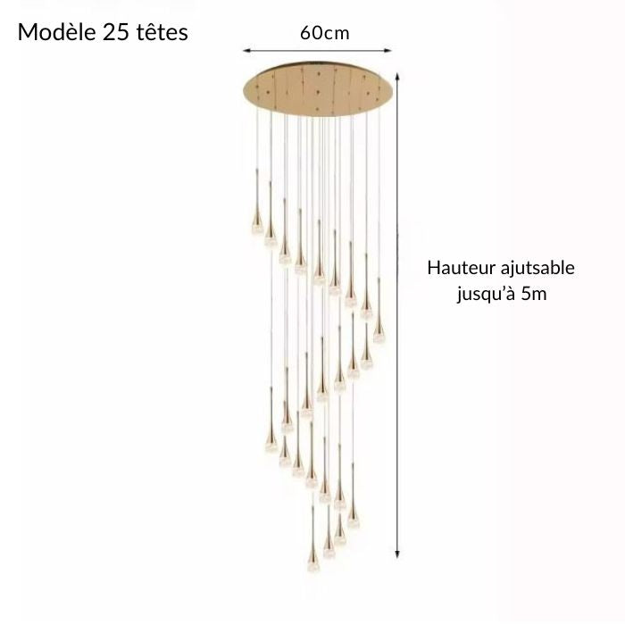 Suspension cristal doré à 25 têtes formant une chute en spirale, ajustable jusqu’à 5 mètres, idéale pour escalier ou plafond cathédrale.