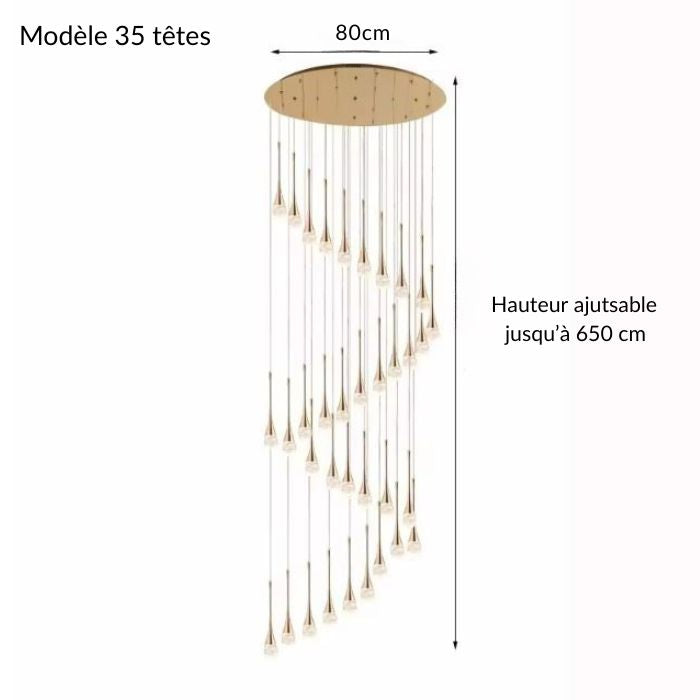 Suspension cristal doré à 35 têtes en spirale élégante, ajustable jusqu’à 6,5 mètres, parfaite pour un hall ou une cage d’escalier ouverte.