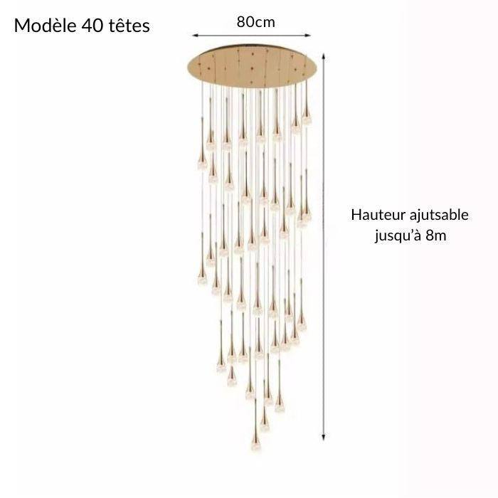 Suspension cristal doré à 40 têtes, ajustable jusqu’à 8 mètres de hauteur, idéale pour une mise en scène lumineuse spectaculaire.