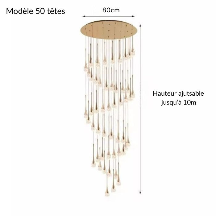 Suspension cristal doré à 50 têtes, en spirale majestueuse, réglable jusqu’à 10 mètres, parfaite pour un espace monumental ou atrium.