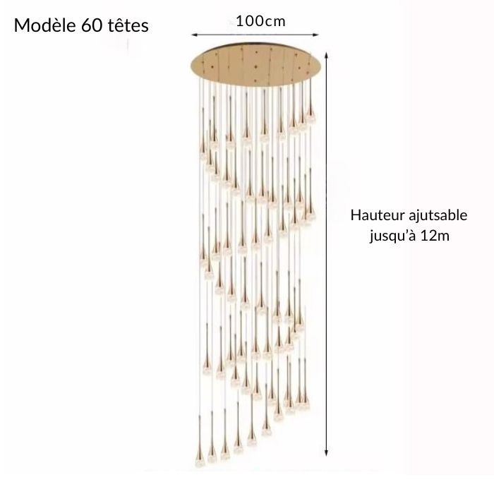 Suspension cristal doré à 60 têtes avec hauteur réglable jusqu’à 12 mètres, idéale pour habiller un atrium ou une cage d’escalier monumentale.