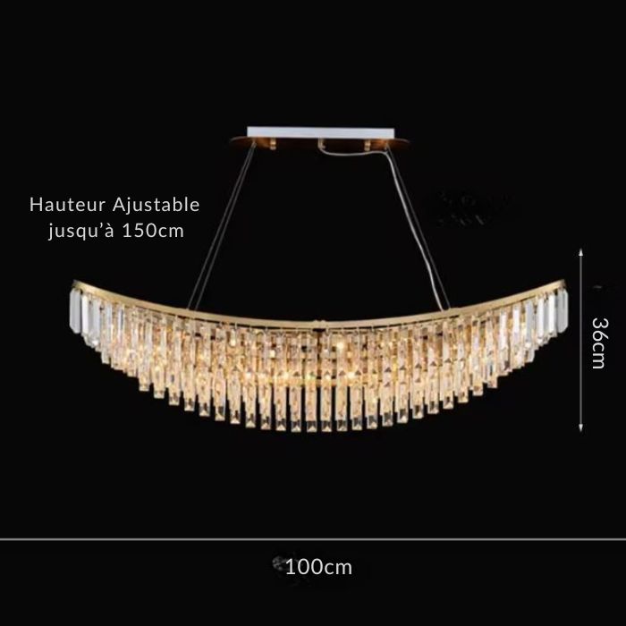 Suspension cristal dorée de 100cm avec hauteur ajustable jusqu'à 150cm, idéale pour un salon.