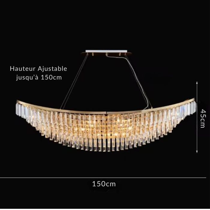 Suspension cristal dorée de 150cm avec hauteur ajustable, élégante pour un grand salon ou salle à manger.