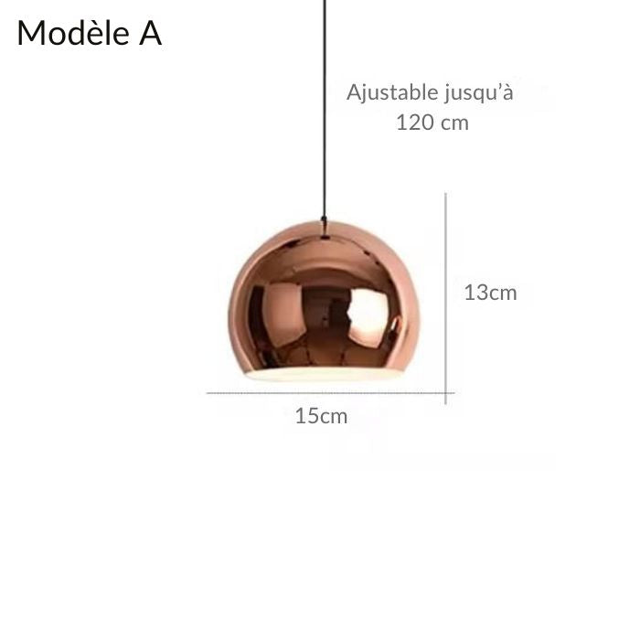 Suspension en cuivre rose modèle A avec diamètre de 15 cm, réglable jusqu'à 120 cm pour un éclairage moderne et élégant.