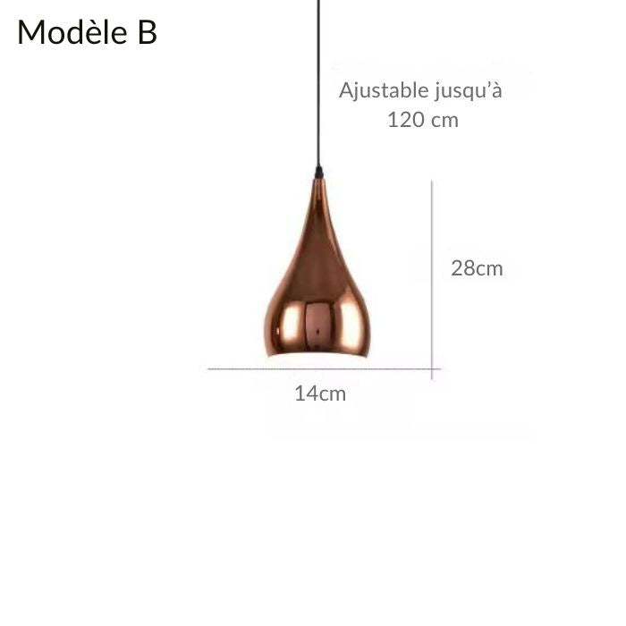 Suspension en cuivre rose modèle B, design élégant avec un diamètre de 14 cm et hauteur ajustable jusqu'à 120 cm.