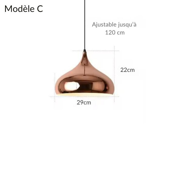 Suspension modèle C en cuivre rose, diamètre de 29 cm, hauteur ajustable jusqu'à 120 cm, design contemporain et élégant.