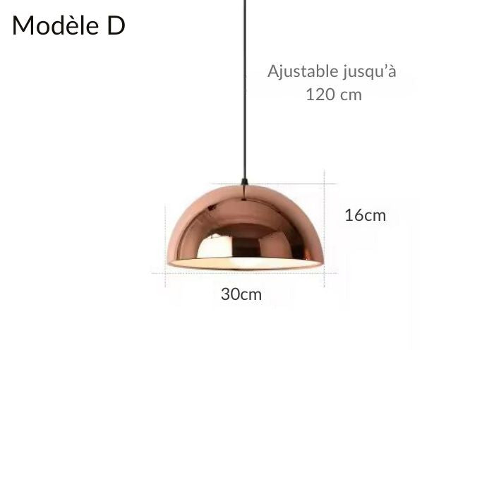 Suspension modèle D en cuivre rose, diamètre de 30 cm, hauteur ajustable jusqu'à 120 cm pour un éclairage moderne.